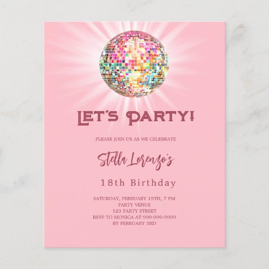 Disco party roze verjaardagsuitnodiging (Voorkant)