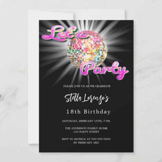 Disco party roze zwarte verjaardag kaart (Voorkant)