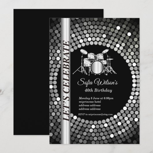 Disco party, sliver muziek, verjaardagsfeest kaart (Voorkant / Achterkant)