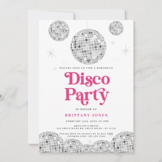Disco Party Verjaardag Zilver Retro Roze Glitter Kaart (Voorkant)