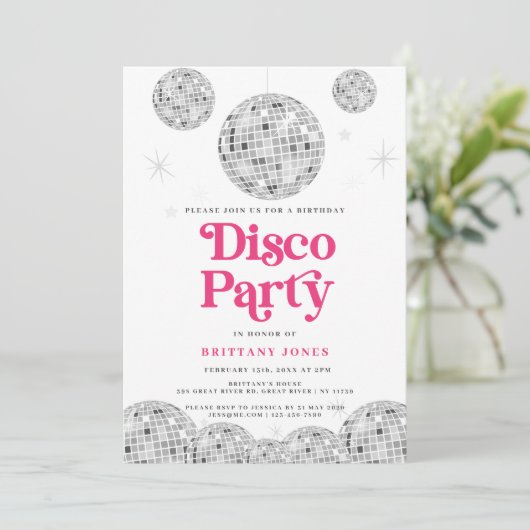 Disco Party Verjaardag Zilver Retro Roze Glitter Kaart (Staand voorkant)