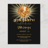 Disco party zwart goud Sweet 16 budget uitnodiging (Voorkant)
