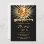 Disco party zwart goud Sweet 16 Kaart (Voorkant)