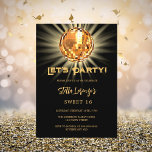 Disco party zwart goud Sweet 16 Kaart<br><div class="desc">Een Sweet 16 feestuitnodiging. Een zwarte achtergrond versierd met een gouden discobal. Tekst: Laten we feesten! Personaliseer en voeg een naam en feestdetails toe. De naam is geschreven met een handgeschreven stylescript.</div>