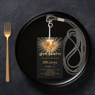 Disco party zwart goud Sweet 16 uitnodiging Badge