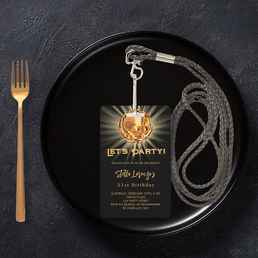 Disco party zwart gouden verjaardagsuitnodiging badge