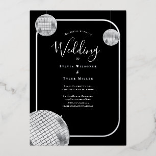 Disco Retro Black Silver Wedding Folie Uitnodiging