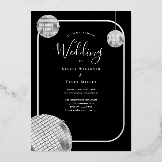 Disco Retro Black Silver Wedding Folie Uitnodiging (Voorkant)