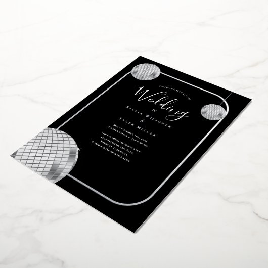 Disco Retro Black Silver Wedding Folie Uitnodiging (Gedraaid)