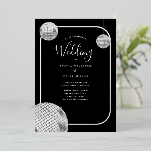 Disco Retro Black Silver Wedding Folie Uitnodiging (Staand Voorkant)