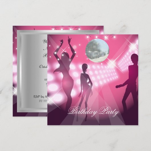 Disco Retro Pink Birthday Party Invitation Kaart (Voorkant / Achterkant)