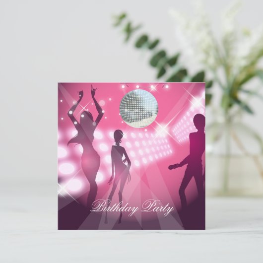 Disco Retro Pink Birthday Party Invitation Kaart (Staand voorkant)