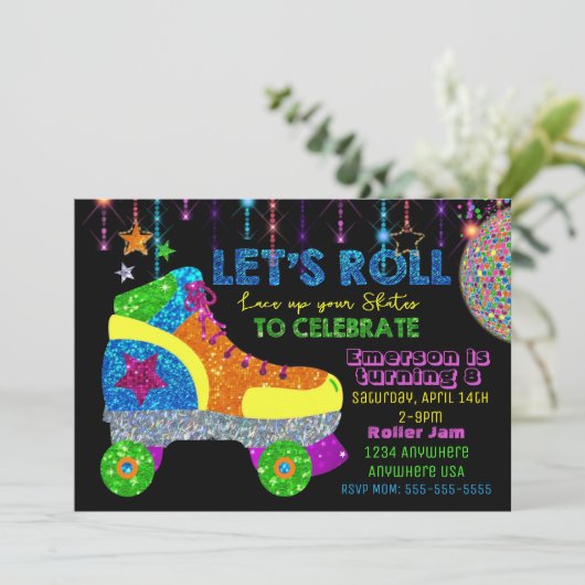 Disco Roller Schaatsfeest, Schaatsen, glitters Kaart (Staand voorkant)