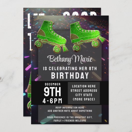 Disco Rollerskating Verjaardag Glitter Roller Scha Kaart (Voorkant / Achterkant)