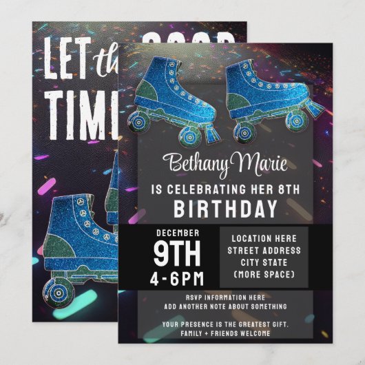 Disco Rollerskating Verjaardag Glitter Roller Scha Kaart (Voorkant / Achterkant)