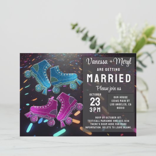 Disco Rollerskating Wedding Glitter Roller Schaats Kaart (Staand voorkant)