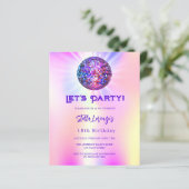 Disco roze holografische budget verjaardag uitnodi (Staand voorkant)