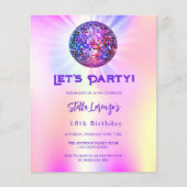 Disco roze holografische budget verjaardag uitnodi (Voorkant)