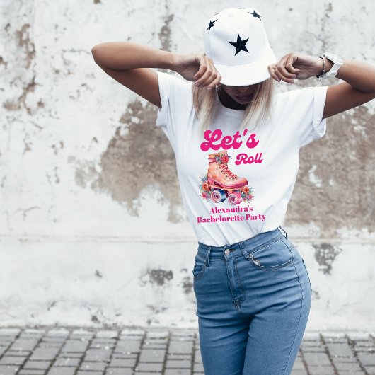 Disco Roze Retro Roller Skating Bachelorette Feest T-shirt