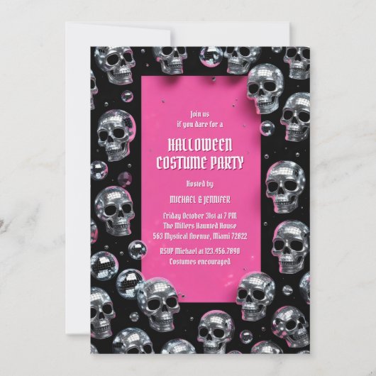 Disco Skull Pink Glam Halloween Kostuumfeest Kaart (Voorkant)