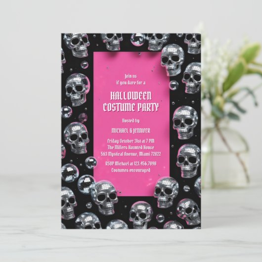 Disco Skull Pink Glam Halloween Kostuumfeest Kaart (Staand voorkant)