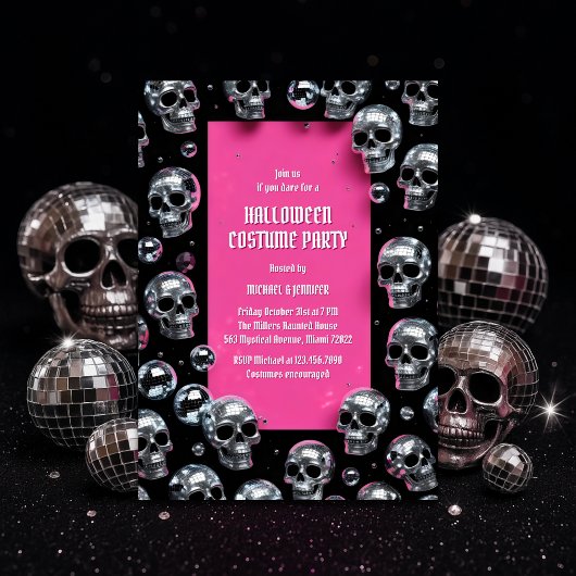 Disco Skull Pink Glam Halloween Kostuumfeest Kaart