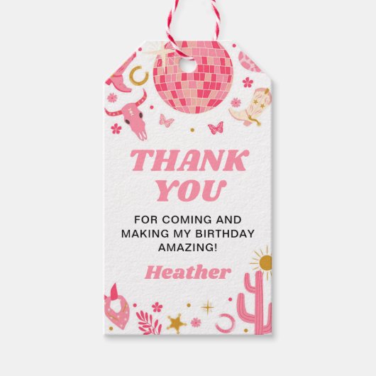 Disco Space Roze Cowgirl Verjaardag Bedankt Favor Cadeaulabel (Voorkant)