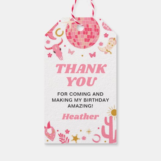 Disco Space Roze Cowgirl Verjaardag Bedankt Favor Cadeaulabel (Achterkant)