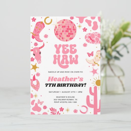 Disco Space Roze Cowgirl Western Verjaardag Kaart (Staand voorkant)