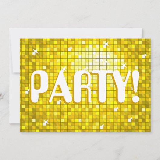 Disco Tegels Geel 'PARTY!' uitnodiging amelia teks (Voorkant)