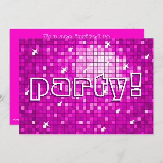 Disco Tegels Roze 'feest!' uitnodiging (Voorkant / Achterkant)