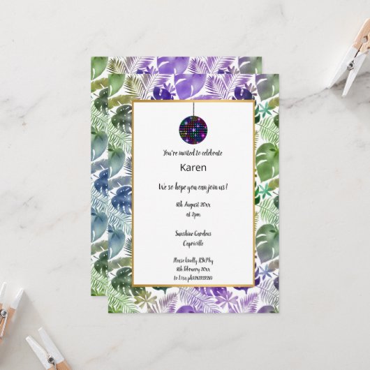 DISCO TROPISCHE BALL BIRTHDAY INVITATIE KAART (Voorkant / Achterkant in situ)