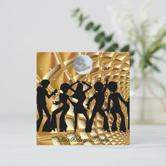 Disco-verjaardagsfeest uitnodiging in goud (Staand voorkant)