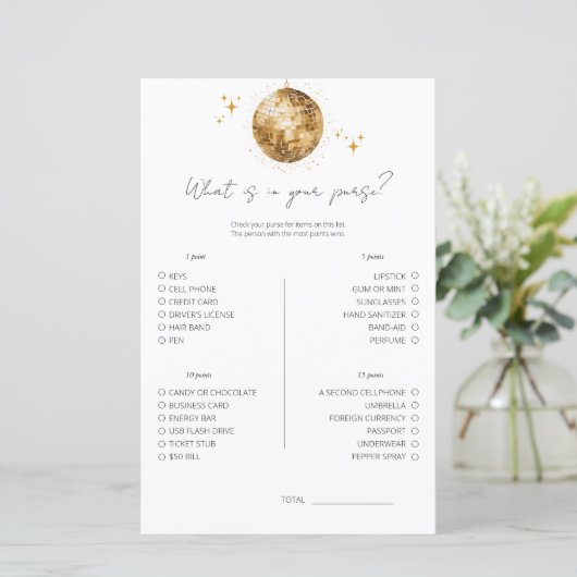 Disco Wat zit er in je tas Vrijgezellenfeest spel (Staand voorkant)