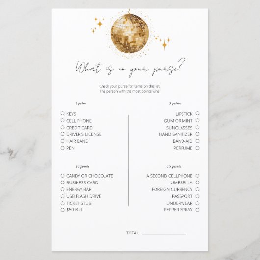 Disco Wat zit er in je tas Vrijgezellenfeest spel (Voorkant)