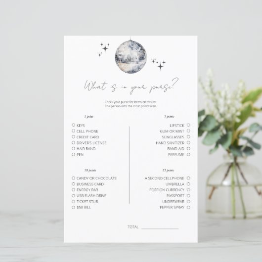 Disco Wat zit er in je tas Vrijgezellenfeest spel (Staand voorkant)