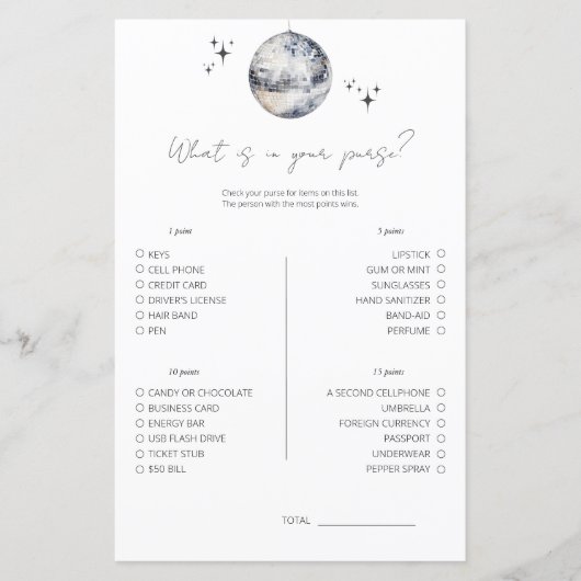 Disco Wat zit er in je tas Vrijgezellenfeest spel (Voorkant)