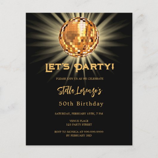 Disco zwart goud 50ste verjaardag uitnodiging (Voorkant)