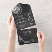 Discobal en hakken Black & Silver Verjaardag All In One Uitnodiging (Afscheurbaar)