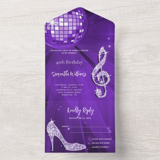 Discobal en hakken Paarse verjaardag All In One Uitnodiging (Binnen)