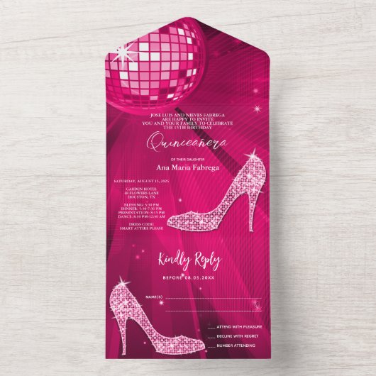 Discobal en hakken roze Quinceañera All In One Uitnodiging (Binnen)