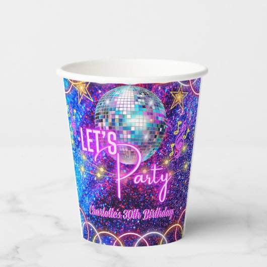 Discobal Let's Party Neon Pink Glow Girl Party Papieren Bekers (Voorkant)