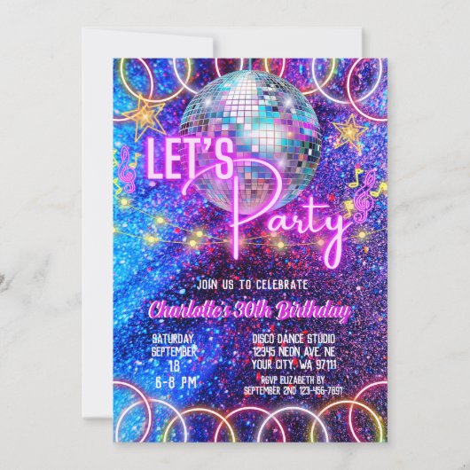 Discobal Let's Party Neon Pink Glowing Birthday Kaart (Voorkant)