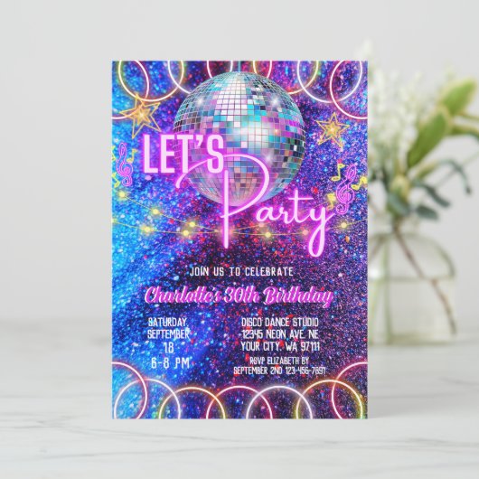 Discobal Let's Party Neon Pink Glowing Birthday Kaart (Staand voorkant)