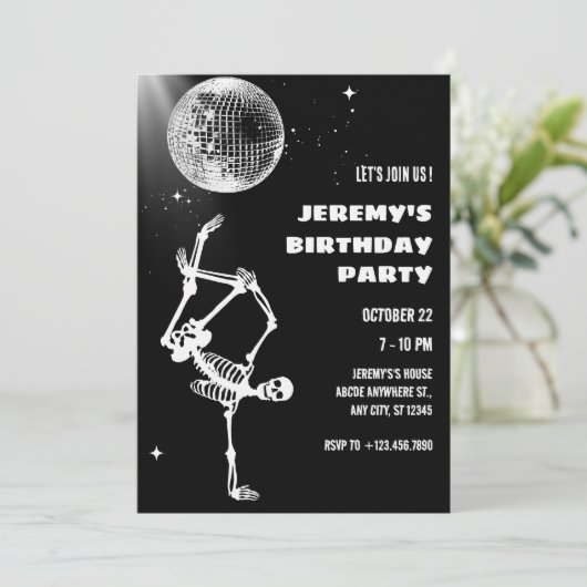 Discobal skeleton dansen Uitnodiging (Staand voorkant)
