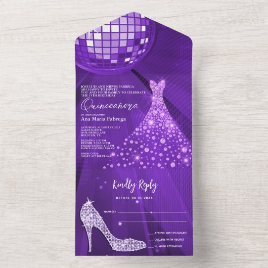 Discobal, Stiletto, baljurk Paarse Quinceañera All In One Uitnodiging (Binnen)