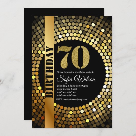 Discofeest, goud, 70s, verjaardagsfeest kaart (Voorkant / Achterkant)