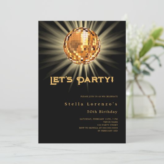 Discofeest zwart gouden verjaardag kaart (Staand voorkant)