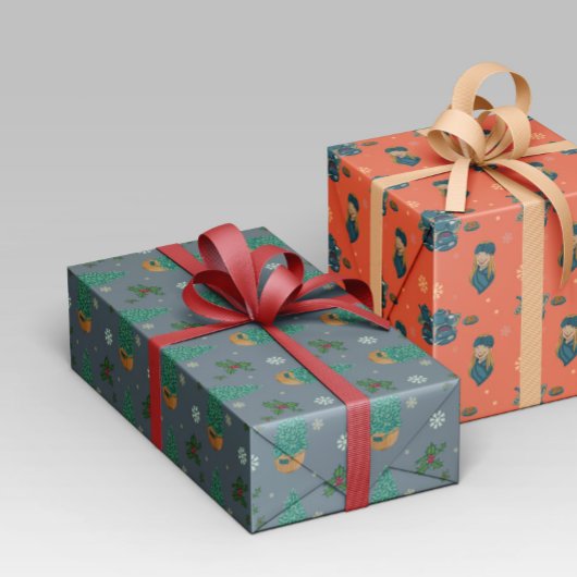 Diseño navideño con árbol, copos nieve y acebo. cadeaupapier