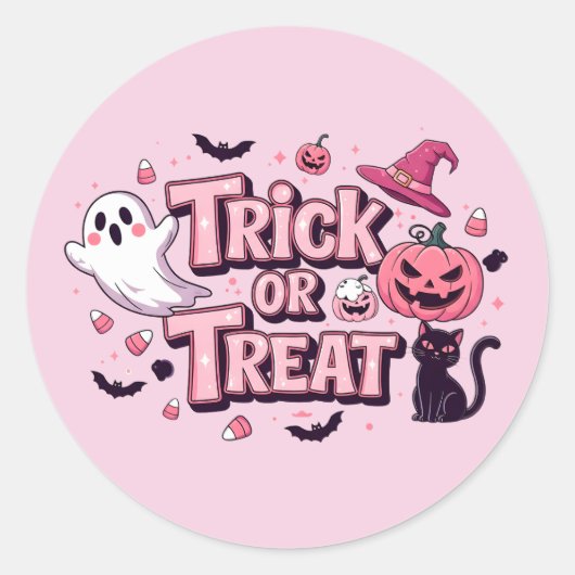 Diseño rosa de Halloween Trick or Treat Ronde Sticker (Voorkant)